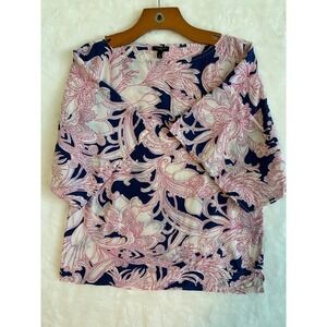 TALBOTS Silk Paisley Box cut Shirt Womens Small PETITES Navy pink Flowing sheer